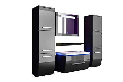 Badmöbel Set Badezimmermöbel Komplett Set Waschbeckenschrank mit Waschtisch Spiegel 2 hochschränke mit LED Hochglanz Fronten Schwarz 70 cm Vormontiert Homeline1