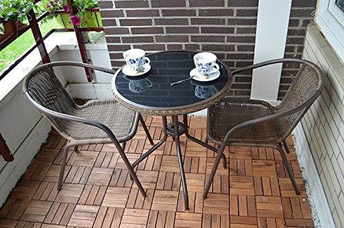 Balkon Bistro-Set Rattan (Tisch+2 Stühle) Bistrotisch mit schwarzer Glasplatte und 2x Bistrostuhl Stapelstuhl Poly Rattan 3er Set Bistroset