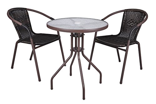 Bistroset Balkonset Rattanset – Sitzgarnitur aus Glastisch & Bistrostuhl – Stahlgestell Poly-Rattan Glasplatte – robust stapelbar – dunkel-braun