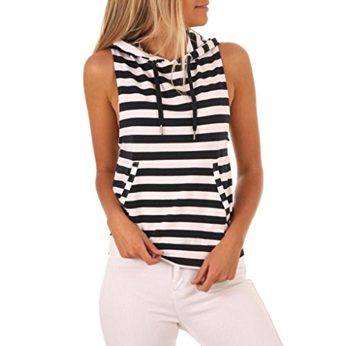 DEELIN Damen Streifen T-Shirt mit Kapuze Ärmellosen Casual Tops Bluse