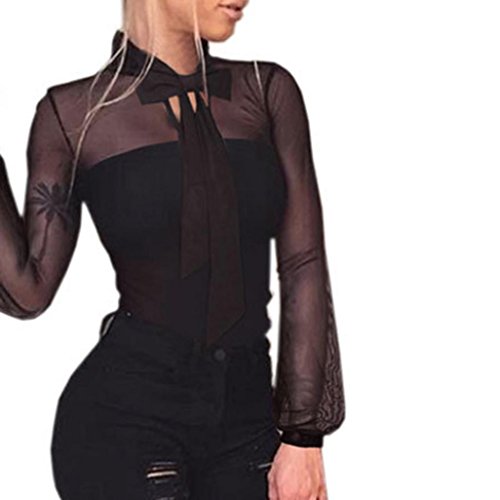 Damen Jumpsuits FORH Frauen Sexy Bodysuit Bluse Bodycon Langarm Romper Overall Versuchung Nachtclub Kurze Transparente Bodysuit Oberteile Tops Mit Bowknot