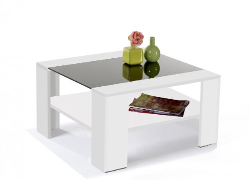 Design Couchtisch Gerrit 08 Wohnzimmertisch weiss 78 x 78 cm , mit schwarzer Glaseinlasge