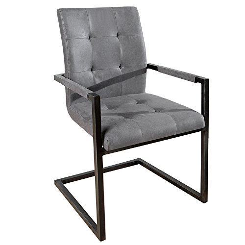 Design Freischwinger Stuhl OXFORD mit Armlehne Antik Grau Vintage Gestell Eisen Schwarz Armlehnenstuhl Freischwingerstuhl Esszimmerstuhl Esszimmer