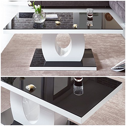 Designer Couchtisch weiß Hochglanz mit Glasplatte 4 Rollen schwarz Amelie 120x60x47cm Schwarzglas Glastisch