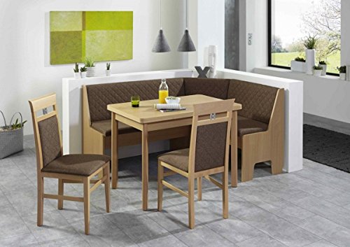 Eckbankgruppe 'LOKU' Essgruppe 165 x 125 x 86 Vierfußtisch 2 Stühle modern Eckbank Küchentisch 4-teilig Küche Polsterung camelbraun Buche natur Dekor