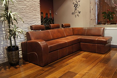 Ecksofa "ANTALYA II 3z " 245 x 164cm Braun Echtleder mit Creme Ziernaht Sofa Couch mit Schlaffunktion , Bettkasten und Kopfstützen Eck Couch Echt Leder "Antique Tabac"