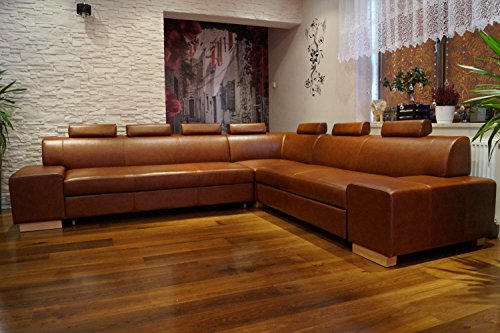 Ecksofa "LONDON II RE 7z" 302 x 277 Echtleder Sofa Couch mit Schlaffunktion , Bettkasten und Kopfstützen Echt Leder Eck Couch große Farbauswahl