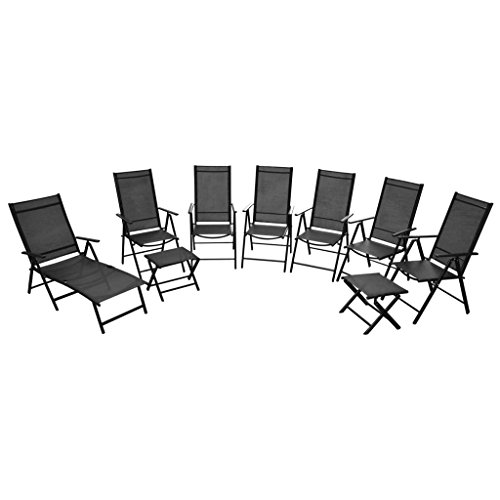 Festnight 9-teiliges Klappbare Gartenmöbel-Set aus Aluminium Gartengarnitur inkl. 1 Sonnenliege, 6 Stühle und 2 Fußschemel Schwarz