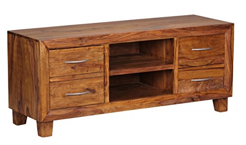 FineBuy Lowboard Massivholz Sheesham Kommode 135 cm TV-Board Ablage-Fach Landhaus-Stil 4 Schubladen 2 Fächer Unikat Echt-Holz Hifi-Rack 57 cm hoch Sideboard Deko Fernsehschrank offen Natur-Produkt