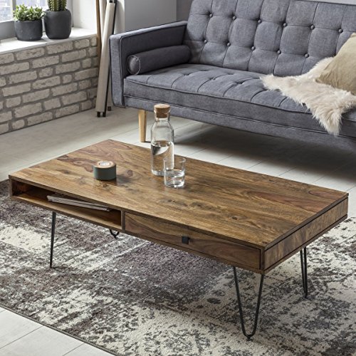 FineBuy Massivholz Couchtisch 120 x 60 x 40 cm mit 2 Schubläden Wohnzimmertisch