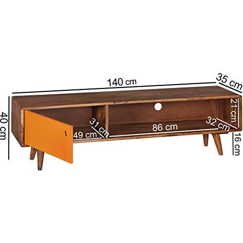 FineBuy TV Lowboard REPA 140 cm Massiv-Holz Sheesham Landhaus 2 Türen & Fach | HiFi Regal braun 4 Füße | Fernseher Kommode Vintage