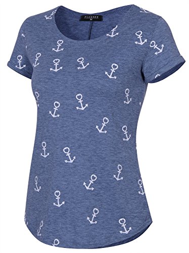 Fleasee Damen Rundhals Kurzarm T-Shirt Tops mit Allover Anker Print Frauen Casual Druck T-Shirt
