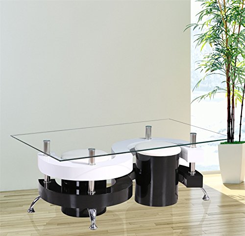 GR8 Home Holz Modern S Form Curve Design, rechteckig, Glas Kaffee Esstisch mit 2 Hockern Stühlen aus Kunstleder, Set