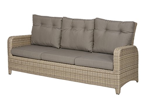 Gartenbank 3 Sitzer aus Polyrattan Geflecht beige inkl. Kissen in grau. Die Loungebank ist wetterfest, ideal für Garten, Terrasse und Balkon.