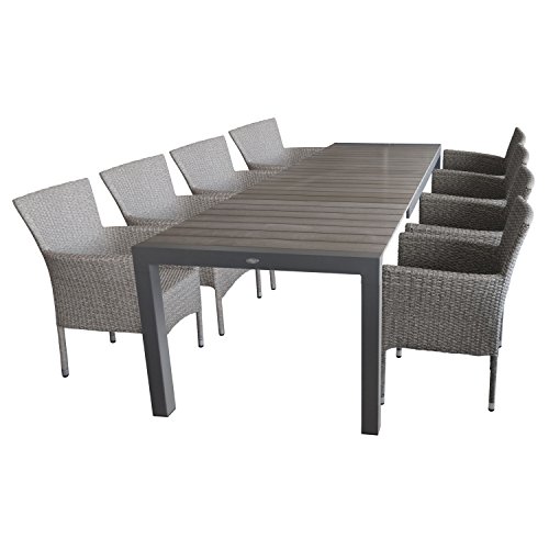 Gartengarnitur Ausziehtisch, Aluminiumrahmen, Tischplatte Polywood, 205/275x100cm, Grau + 8x Rattansessel, Polyrattan Grau, stapelbar - Gartensessel Stapelstuhl Gartenstuhl Rattanstuhl Terrassenmöbel Balkonmöbel Gartenmöbel