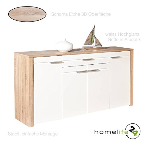 H24living Anrichte Kommode Diele Wohnzimmer 4-türig Schublade Sonoma Eiche weiß hochglanz