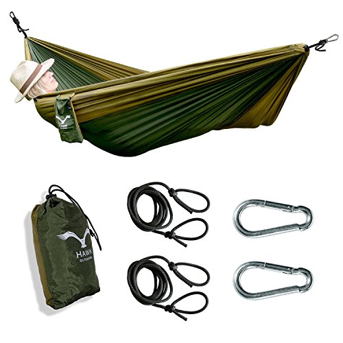 HAWK Outdoor Ultra-light Reise-Hängematte aus Fallschirm-Seide 200kg Traglast Set mit Befestigung - 2 Karabiner und 2 Seile - Reise, Camping, Garten, Trekking, Strand, Travel-Hammock