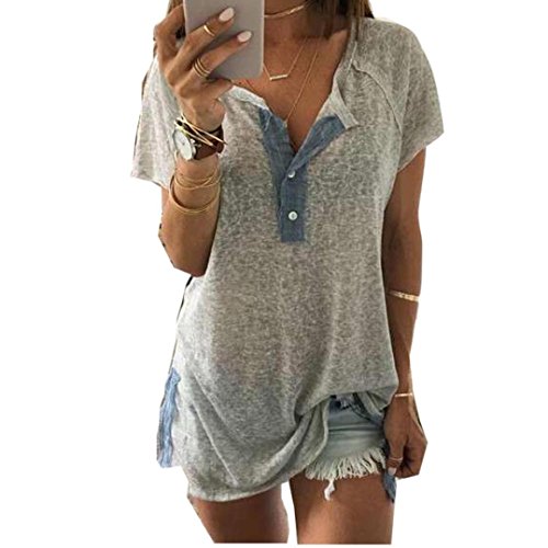 Hevoiok Damen Kurzarm-Shirt Oberteile Sexy Knopf Bluse Neu Frühling Sommer T Shirt Frauen Casual Locker Tanktops