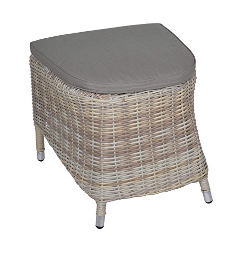 Hocker aus Polyrattan in beige mit Sitzkissen für Terrasse oder Garten. Variabel einsetzbar als Fußbank, Beistellhocker durch Auflagekissen.