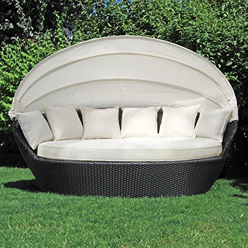 JOM Sonneninsel, Polyrattan Garten Lounge, Chill-Out Sofa mit Baldachin (195x115x140 cm), schwarz, Aluminiumgestänge, mit Sitzpolster und 6 Kissen beige