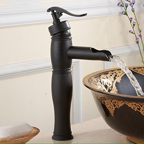 JRUIA Retro Schwarz Wasserhahn Antik Bad Wasserfall Waschtischarmatur Einhebel Mischbatterie Aufsatz-Waschbecken Armatur Waschtischbatterie f.Badezimmer aus Messing Öl eingerieben Bronze Gebürsteter