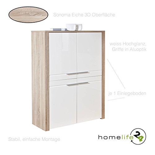 Kommode Sideboard Anrichte Highboard im schönen Sonoma Eiche weiss mit hochglanz Front 4-türig als Mehrzweckschrank mit dekorative Oberfläche