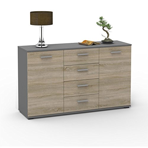 Kommode Sideboard Highboard CHICAGO in grau / Sonoma Eiche mit 2 Türen und 4 Schubladen