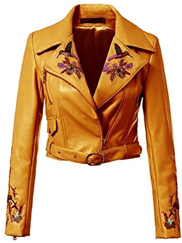 Kunstleder Kunstlederjacke Geblümt Floral Flower Bestickte Asymmetrisch Large Notch Lapel Kragen BikerJacke Blouson Jacke Blouson Kurze Crop Oberteil Top Reißverschluss