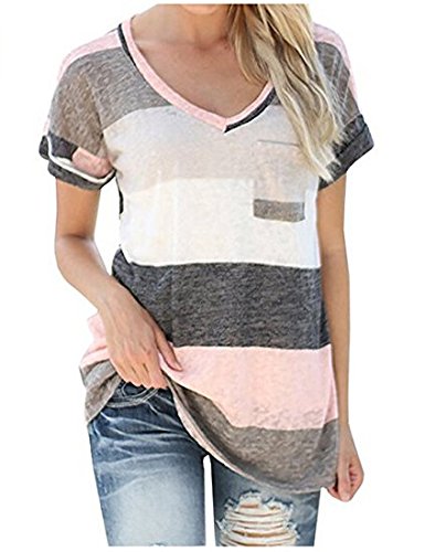 LAEMILIA Damen T-Shirt Sommer Kurzarm Streifen Tops V-Neck Oberteil Mode Weich Bluse Loose Casual