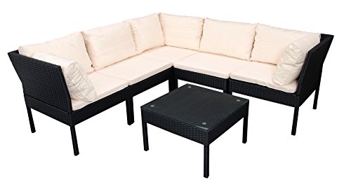 Loungeset CATANIA, Stahl + Polyrattan schwarz, Polster cremefarben