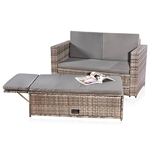 Melko® Gartenset, Poly Rattan, Lounge Sofa-Garnitur mit klappbarer Fußbank, Schwarz, inklusive Kissen, mehrteilig (Grau)