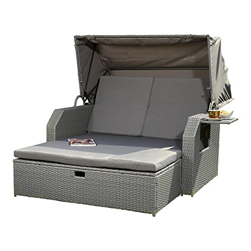 Melko® Sonnenbett / Strandkorb / Lounge aus Polyrattan, Grau, inkl. klappbaren Seitentisch +verstellerbarer Rückenlehne + faltbare Sonnenschutzdach