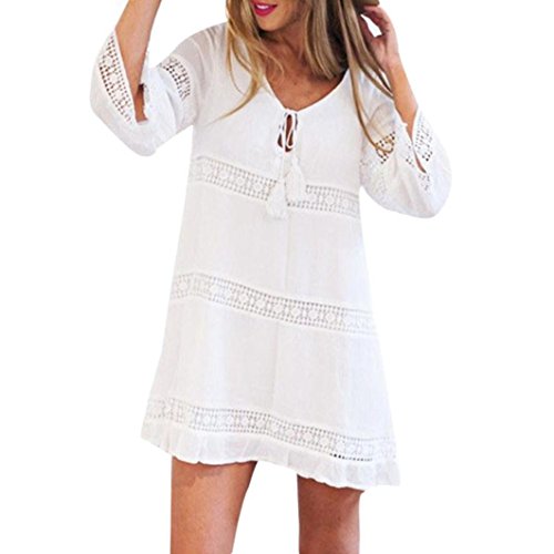 Minikleid Damen, Sunday Frauen Sommer Hülse mit drei Vierteln lose Spitze Boho Beach Short Mini Dress