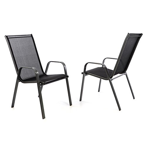 Nexos 2er Set Gartenstuhl Stapelstuhl Balkonstuhl Hochlehner Stahl-Rahmen Textilene schwarz Terrasse Stahlstuhl 55x72x97 cm bis 110 kg stapelbar witterungsbeständig mit Armlehne