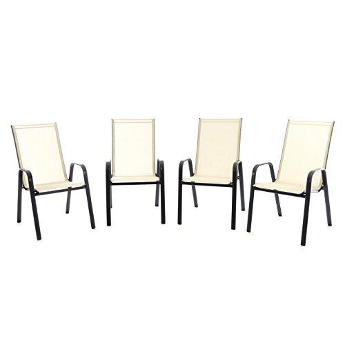 Nexos 4er Set Gartenstuhl Stapelstuhl Balkonstuhl Hochlehner Stahl-Rahmen schwarz Textilene creme Terrasse Stahlstuhl 55x72x97 cm bis 110 kg stapelbar witterungsbeständig mit Armlehne