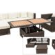 OUTFLEXX Lounge Sofaset inkl. Sessel + Hocker + höhenverstellbarer Loungetisch aus Polyrattan in braun marmoriert für 5 Personen, inkl. Polster-Kissen und Kissenboxfunktion, wetterfest, zeitlos