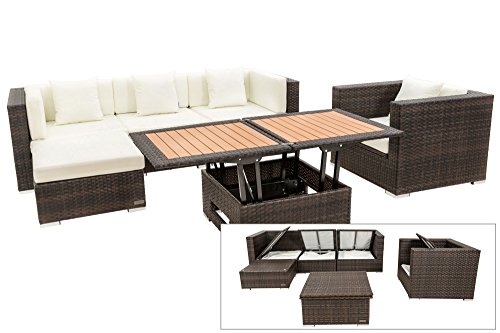 OUTFLEXX Lounge Sofaset inkl. Sessel + Hocker + höhenverstellbarer Loungetisch aus Polyrattan in braun marmoriert für 5 Personen, inkl. Polster-Kissen und Kissenboxfunktion, wetterfest, zeitlos