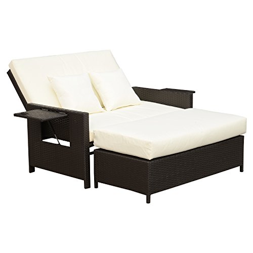 Outsunny Polyrattan Lounge-Sofa Gartensofa Gartenliege 2-Sitzer mit Kissen Hocker Braun