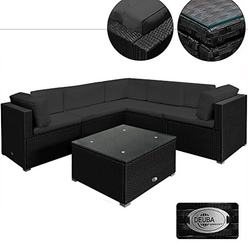 Poly Rattan Lounge Set XXL Schwarz | 15cm dicke Rückenkissen Anthrazit | bequeme Armlehnen | UV-beständiges Polyrattan | Tisch inkl. Glasplatte - Sitzgarnitur Couch Sitzgruppe Gartenmöbel Gartenlounge