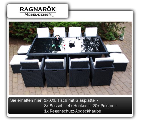 PolyRattan Essgruppe DEUTSCHE MARKE - EIGNENE PRODUKTION - Tisch 8 Stuhl 4 Hocker - 8 Jahre GARANTIE auf UV Beständig - Garten Möbel Glas Polster Ragnarök-Möbeldesign (schwarz) Aluminium Rostfrei