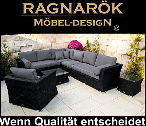 PolyRattan Lounge DEUTSCHE MARKE - EIGNENE PRODUKTION - 8 Jahre GARANTIE auf UV Besträndigkeit - Garten Möbel Glas und Polster Ragnarök-Möbeldesigntur SCHWARZ Gartenmöbel Aluminium Rostfrei