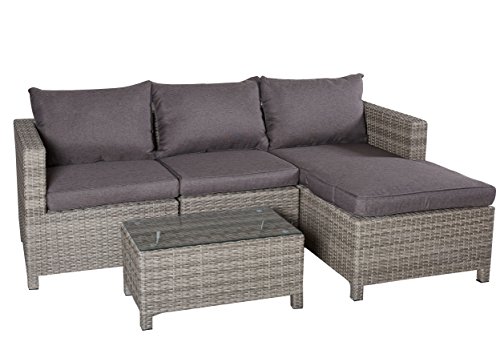 Polyrattan Loungemöbel Set Gruppe Garnitur Gartenmöbel Rattan Lounge Set Polyrattan Sitzgruppe - 2 Loungesessel + Ottomane + Loungetisch + Glasplatte - handgeflochten - braun meliert