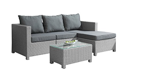 Polyrattan Loungemöbel Set Gruppe Garnitur Gartenmöbel Rattan Lounge Set Polyrattan Sitzgruppe - 2 Loungesessel + Ottomane + Loungetisch + Glasplatte - handgeflochten - grau