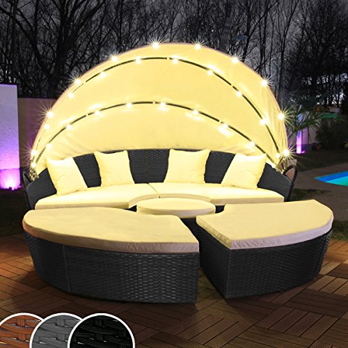Polyrattan Sonneninsel mit LED Beleuchtung + Solarmodul inklusive Abdeckcover Rattan Lounge Sunbed Liege Insel mit Regencover Sonnenliege Gartenliege
