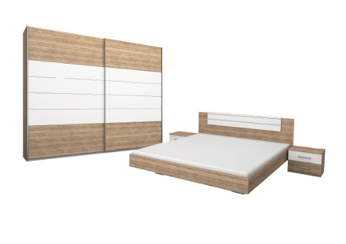 Rauch Schlafzimmer Komplett Set mit Bett 180x200, Schwebetürenschrank , Nachttischen Eiche San Remo hell, Absetzungen Alpinweiß