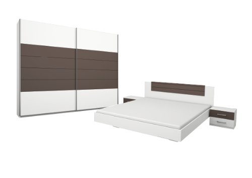 Rauch Schlafzimmer Komplett Set mit Bett 180x200, Schwebetürenschrank, Nachttischen Weiß Alpin, Absetzung Lavagrau