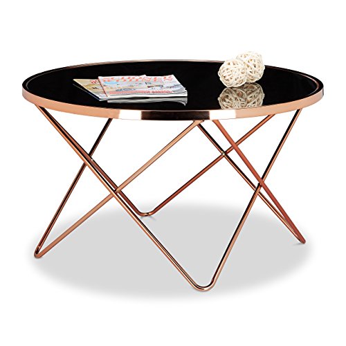 Relaxdays Beistelltisch COPPER aus Kupfer und Schwarzglas groß HBT: 49 x 85 x 85 cm Glas Couchtisch in edlem Design als Glastisch und Sofatisch modern geschwungen mit Glasplatte, kupferfarben