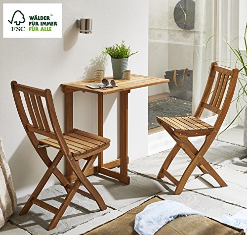 SAM 3-tlg. Balkongruppe Alessio, 1x Tisch 70x45 cm + 2x Klappstuhl, Balkon-Set aus Akazien-Holz, FSC® 100% zertifiziert