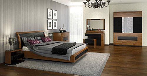 Schlafzimmer Komplett - Set E Postira, 9-teilig, teilmassiv, Farbe: Walnuss / Schwarz