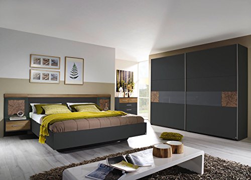 Schlafzimmer, Schlafzimmermöbel, Komplettset, Schlafzimmereinrichtung, Komplettangebot, 4-teilig, grau-metallic, Eiche Riviera NB, Hirnholz, basalt